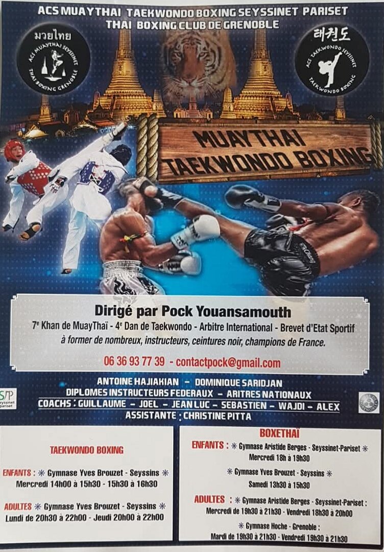Affiche du club : les logos, des photographies d'entraînement et de combat, la direction assurée par Pock Youansamouth, le téléphone 06 36 93 77 39, et les horaires des deux sections repris dans le tableau ci-dessus.